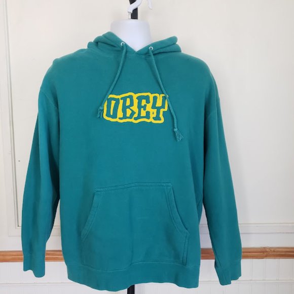 Obey Other - SOLD Obey Mens Sweatshirt Large Hoodie Grn Yellow Pullover Pocket Graphic Print